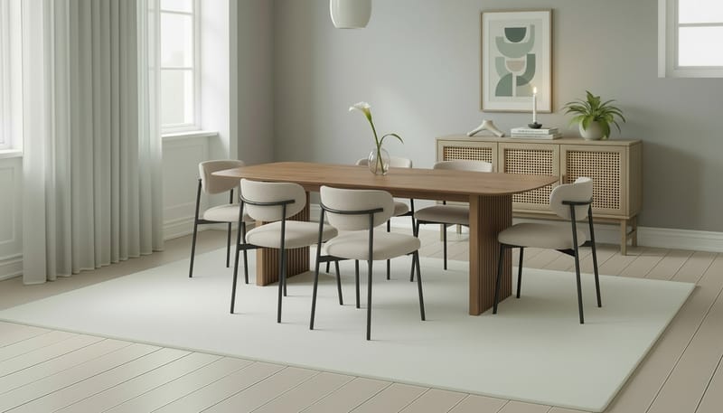 Richeto Ruokapöytä 240 cm 6 Lucy Ruokatuolilla - Luonnollinen viimeistely / Greige Bouclé / Metallijalat Musta - Huonekalut - Pöytä & ruokailuryhmä - Ruokailuryhmä