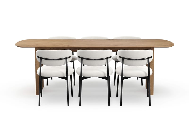 Richeto Ruokapöytä 240 cm 6 Lucy Ruokatuolilla - Luonnollinen viimeistely / Valkoinen Bouclé / Metallijalat Musta - Huonekalut - Pöytä & ruokailuryhmä - Ruokailuryhmä