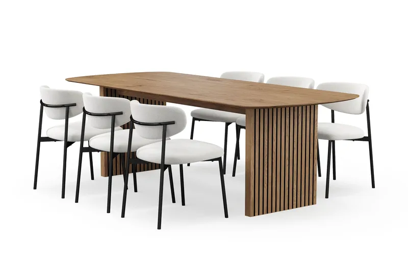 Richeto Ruokapöytä 240 cm 6 Lucy Ruokatuolilla, Luonnollinen viimeistely / Valkoinen Bouclé / Metallijalat Musta