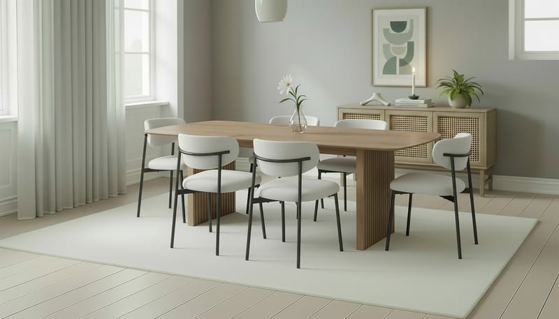 Richeto Ruokapöytä 240 cm 6 Lucy Ruokatuolilla - Luonnollinen viimeistely / Valkoinen Bouclé / Metallijalat Musta - Huonekalut - Pöytä & ruokailuryhmä - Ruokailuryhmä