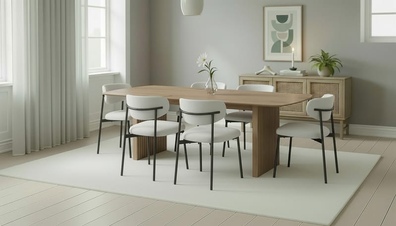 Richeto Ruokapöytä 240 cm 6 Lucy Ruokatuolilla - Luonnollinen viimeistely / Valkoinen Bouclé / Metallijalat Musta - Huonekalut - Pöytä & ruokailuryhmä - Ruokailuryhmä