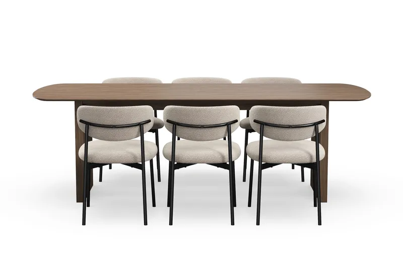 Richeto Ruokapöytä 240 cm 6 Lucy Ruokatuolilla - Savutammi / Greige Bouclé - Huonekalut - Pöytä & ruokailuryhmä - Ruokailuryhmä