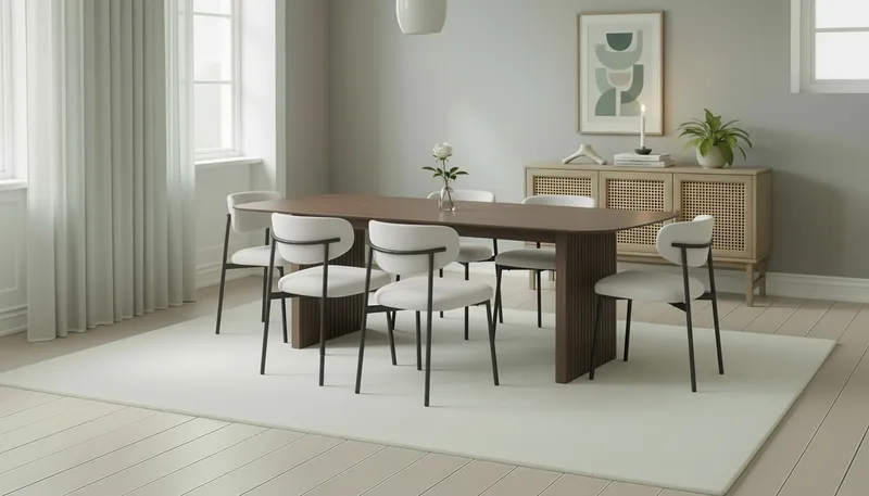 Richeto Ruokapöytä 240 cm 6 Lucy Ruokatuolilla - Savutammi / Valkoinen Bouclé - Huonekalut - Pöytä & ruokailuryhmä - Ruokailuryhmä