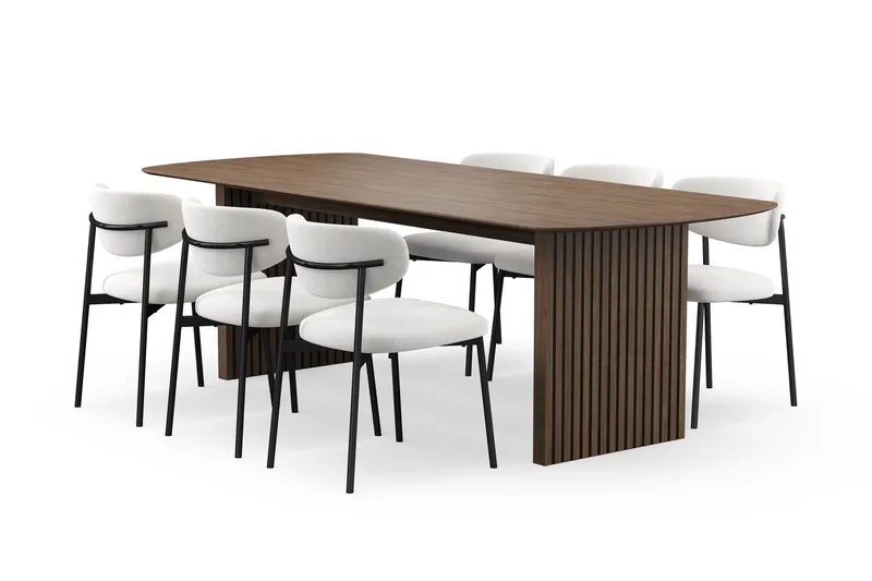 Richeto Ruokapöytä 240 cm 6 Lucy Ruokatuolilla, Savutammi / Valkoinen Bouclé