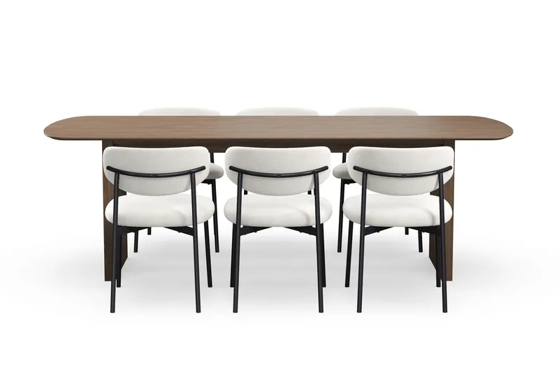 Richeto Ruokapöytä 240 cm 6 Lucy Ruokatuolilla - Savutammi / Valkoinen Bouclé - Huonekalut - Pöytä & ruokailuryhmä - Ruokailuryhmä