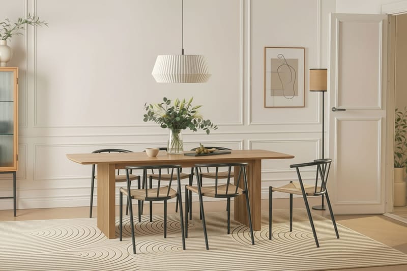 Richeto Ruokapöytä 240 cm 6 Winston Ruokatuolilla - Luonnollinen viimeistely / Beige / Metallijalat Musta - Huonekalut - Pöytä & ruokailuryhmä - Ruokailuryhmä