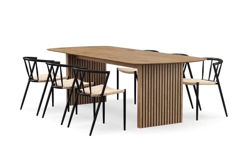 Richeto Ruokapöytä 240 cm 6 Winston Ruokatuolilla, Luonnollinen viimeistely / Beige / Metallijalat Musta