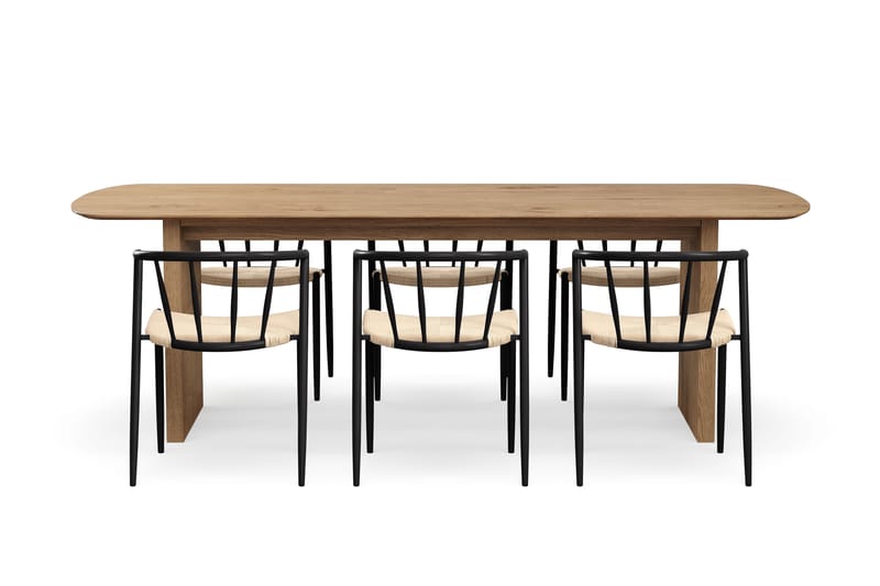 Richeto Ruokapöytä 240 cm 6 Winston Ruokatuolilla - Luonnollinen viimeistely / Beige / Metallijalat Musta - Huonekalut - Pöytä & ruokailuryhmä - Ruokailuryhmä