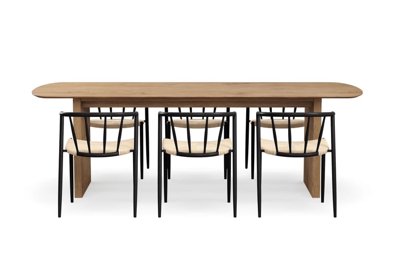 Richeto Ruokapöytä 240 cm 6 Winston Ruokatuolilla - Luonnollinen viimeistely / Beige / Metallijalat Musta - Huonekalut - Pöytä & ruokailuryhmä - Ruokailuryhmä