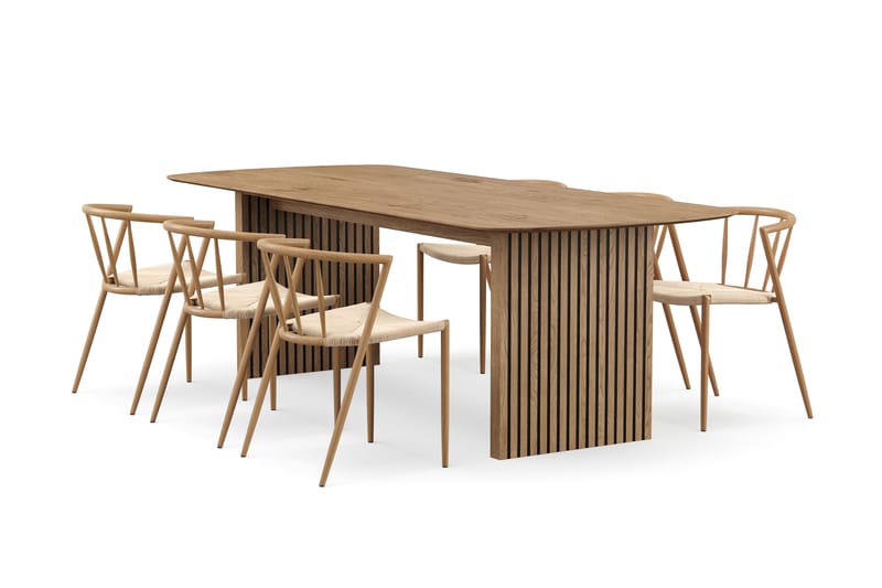 Richeto Ruokapöytä 240 cm 6 Winston Ruokatuolilla, Luonnollinen viimeistely / Beige / Metallijalat Tammi