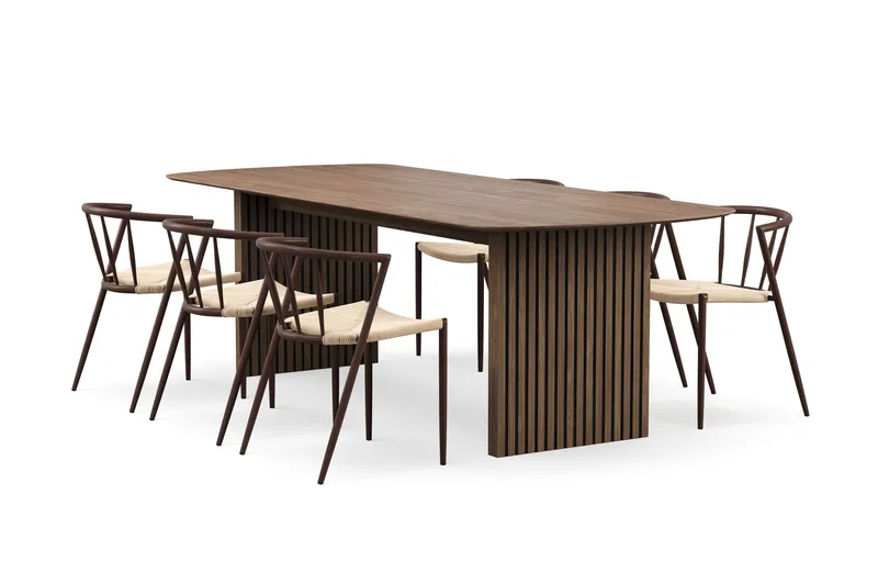 Richeto Ruokapöytä 240 cm 6 Winston Ruokatuolilla, Savutammi / Beige / Metallijalat Savutammi