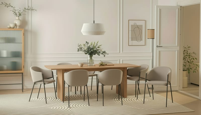 Richeto Ruokapöytä 240 cm 8 Filip Ruokatuolilla - Luonnollinen viimeistely / Taupe Bouclé - Huonekalut - Pöytä & ruokailuryhmä - Ruokailuryhmä