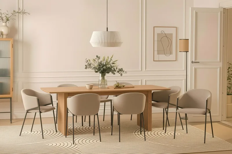 Richeto Ruokapöytä 240 cm 8 Filip Ruokatuolilla - Luonnollinen viimeistely / Taupe Bouclé - Huonekalut - Pöytä & ruokailuryhmä - Ruokailuryhmä