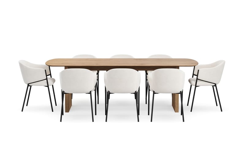 Richeto Ruokapöytä 240 cm 8 Filip Ruokatuolilla - Luonnollinen viimeistely / Valkoinen Bouclé - Huonekalut - Pöytä & ruokailuryhmä - Ruokailuryhmä