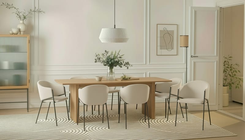 Richeto Ruokapöytä 240 cm 8 Filip Ruokatuolilla - Luonnollinen viimeistely / Valkoinen Bouclé - Huonekalut - Pöytä & ruokailuryhmä - Ruokailuryhmä