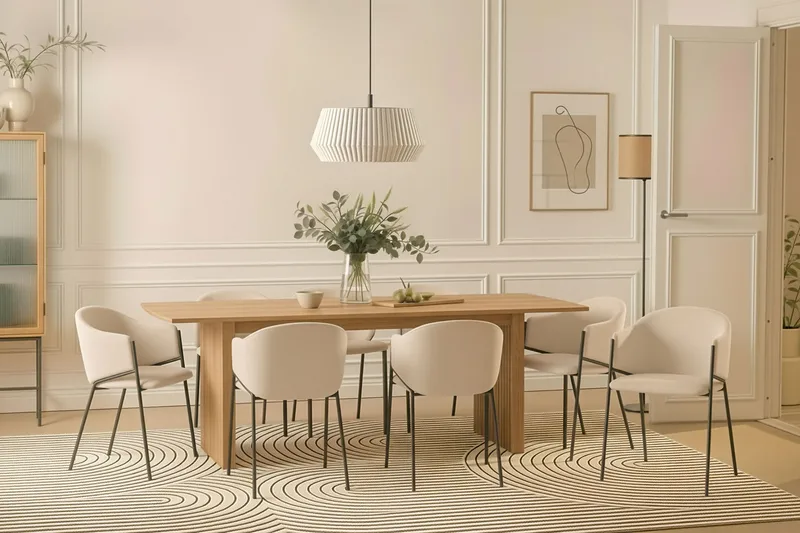 Richeto Ruokapöytä 240 cm 8 Filip Ruokatuolilla - Luonnollinen viimeistely / Valkoinen Bouclé - Huonekalut - Pöytä & ruokailuryhmä - Ruokailuryhmä