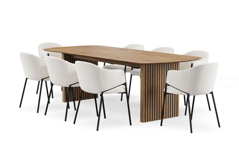 Richeto Ruokapöytä 240 cm 8 Filip Ruokatuolilla, Luonnollinen viimeistely / Valkoinen Bouclé