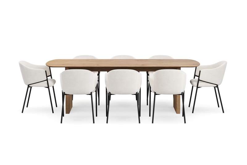 Richeto Ruokapöytä 240 cm 8 Filip Ruokatuolilla - Luonnollinen viimeistely / Valkoinen Bouclé - Huonekalut - Pöytä & ruokailuryhmä - Ruokailuryhmä