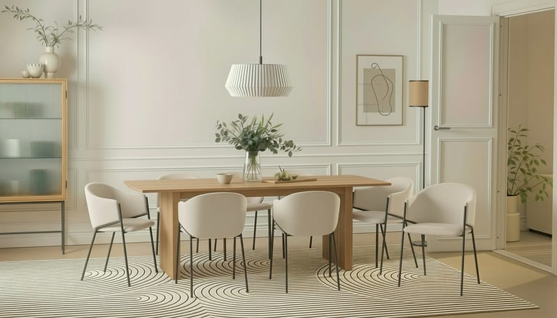 Richeto Ruokapöytä 240 cm 8 Filip Ruokatuolilla - Luonnollinen viimeistely / Valkoinen Bouclé - Huonekalut - Pöytä & ruokailuryhmä - Ruokailuryhmä