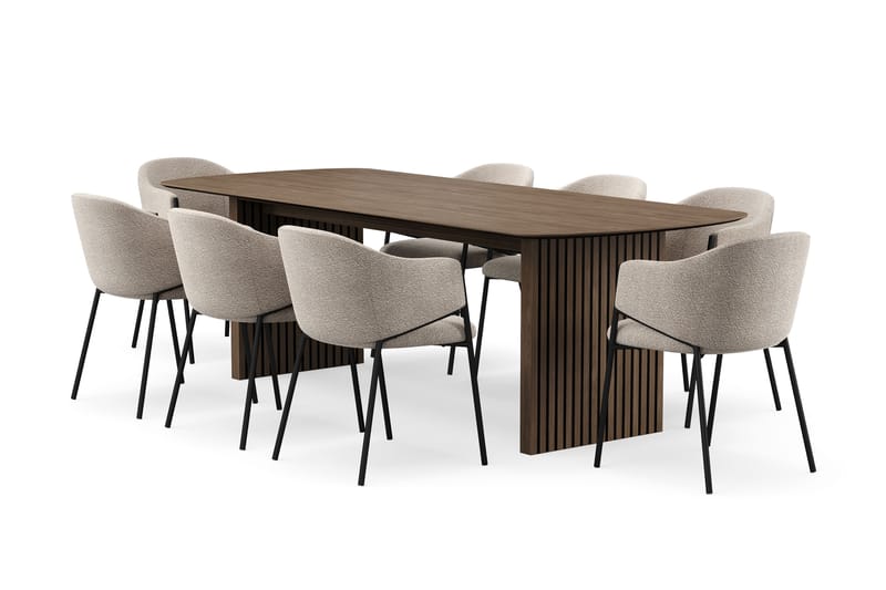 Richeto Ruokapöytä 240 cm 8 Filip Ruokatuolilla, Savutammi / Taupe Bouclé