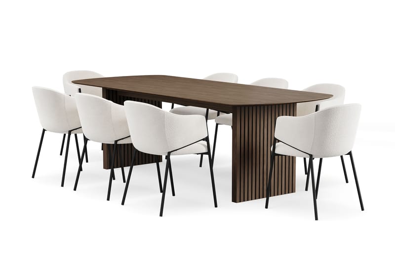 Richeto Ruokapöytä 240 cm 8 Filip Ruokatuolilla, Savutammi / Valkoinen Bouclé