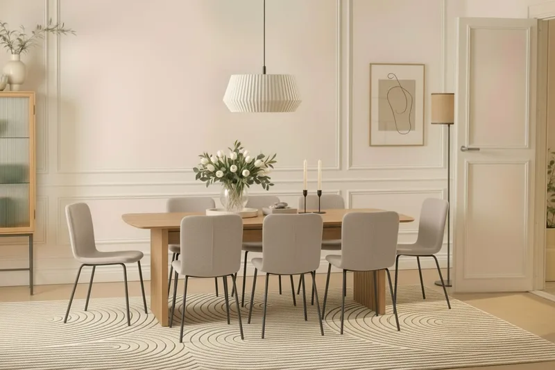 Richeto Ruokapöytä 240 cm 8 Katy Ruokatuolilla - Luonnollinen viimeistely / Greige Bouclé / Metallijalat Musta - Huonekalut - Pöytä & ruokailuryhmä - Ruokailuryhmä