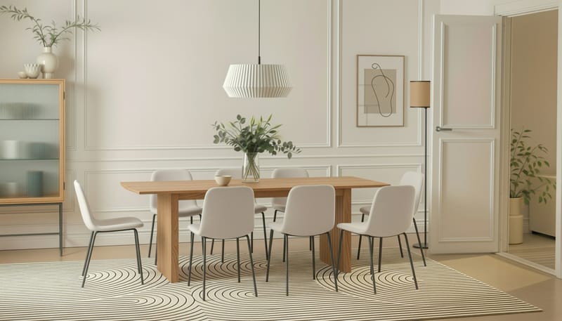 Richeto Ruokapöytä 240 cm 8 Katy Ruokatuolilla - Luonnollinen viimeistely / Valkoinen Bouclé / Metallijalat Musta - Huonekalut - Pöytä & ruokailuryhmä - Ruokailuryhmä