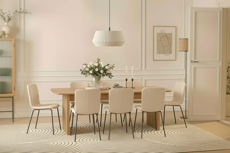 Richeto Ruokapöytä 240 cm 8 Katy Ruokatuolilla - Luonnollinen viimeistely / Valkoinen Bouclé / Metallijalat Musta - Huonekalut - Pöytä & ruokailuryhmä - Ruokailuryhmä