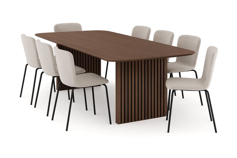 Richeto Ruokapöytä 240 cm 8 Katy Ruokatuolilla, Savutammi / Greige Bouclé