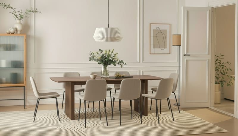 Richeto Ruokapöytä 240 cm 8 Katy Ruokatuolilla - Savutammi / Greige Bouclé - Huonekalut - Pöytä & ruokailuryhmä - Ruokailuryhmä