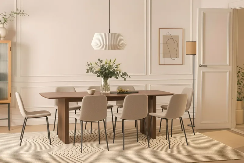 Richeto Ruokapöytä 240 cm 8 Katy Ruokatuolilla - Savutammi / Greige Bouclé - Huonekalut - Pöytä & ruokailuryhmä - Ruokailuryhmä