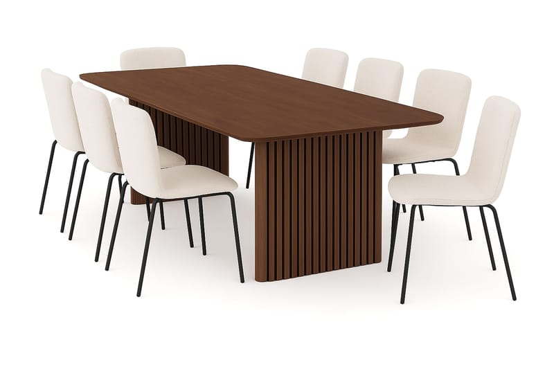 Richeto Ruokapöytä 240 cm 8 Katy Ruokatuolilla, Savutammi / Valkoinen Bouclé