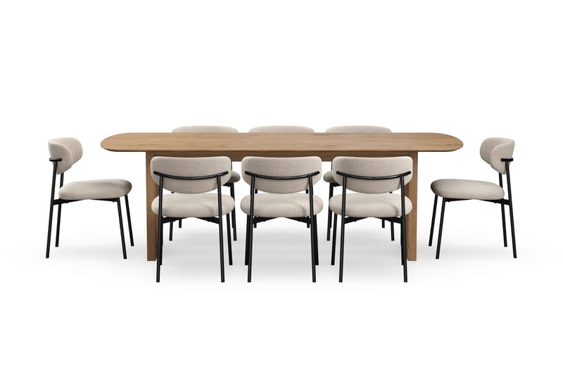 Richeto Ruokapöytä 240 cm 8 Lucy Ruokatuolilla - Luonnollinen viimeistely / Greige Bouclé / Metallijalat Musta - Huonekalut - Pöytä & ruokailuryhmä - Ruokailuryhmä