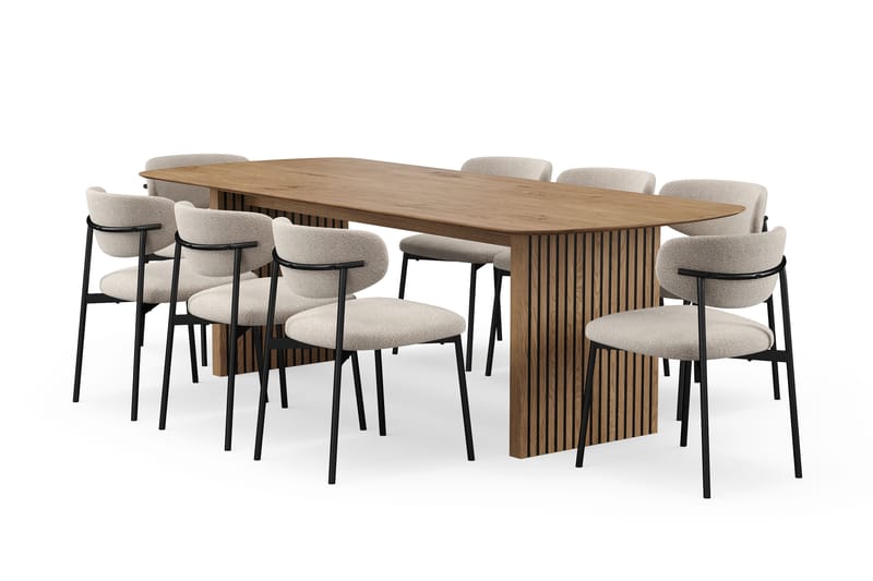 Richeto Ruokapöytä 240 cm 8 Lucy Ruokatuolilla - Luonnollinen viimeistely / Greige Bouclé / Metallijalat Musta - Huonekalut - Pöytä & ruokailuryhmä - Ruokailuryhmä