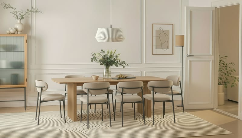 Richeto Ruokapöytä 240 cm 8 Lucy Ruokatuolilla - Luonnollinen viimeistely / Greige Bouclé / Metallijalat Musta - Huonekalut - Pöytä & ruokailuryhmä - Ruokailuryhmä