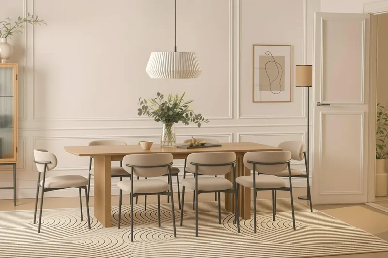 Richeto Ruokapöytä 240 cm 8 Lucy Ruokatuolilla - Luonnollinen viimeistely / Greige Bouclé / Metallijalat Musta - Huonekalut - Pöytä & ruokailuryhmä - Ruokailuryhmä