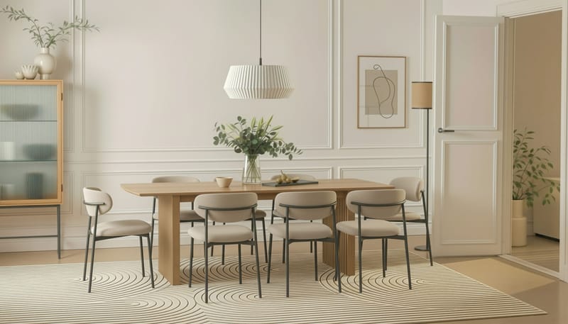 Richeto Ruokapöytä 240 cm 8 Lucy Ruokatuolilla - Luonnollinen viimeistely / Greige Bouclé / Metallijalat Musta - Huonekalut - Pöytä & ruokailuryhmä - Ruokailuryhmä