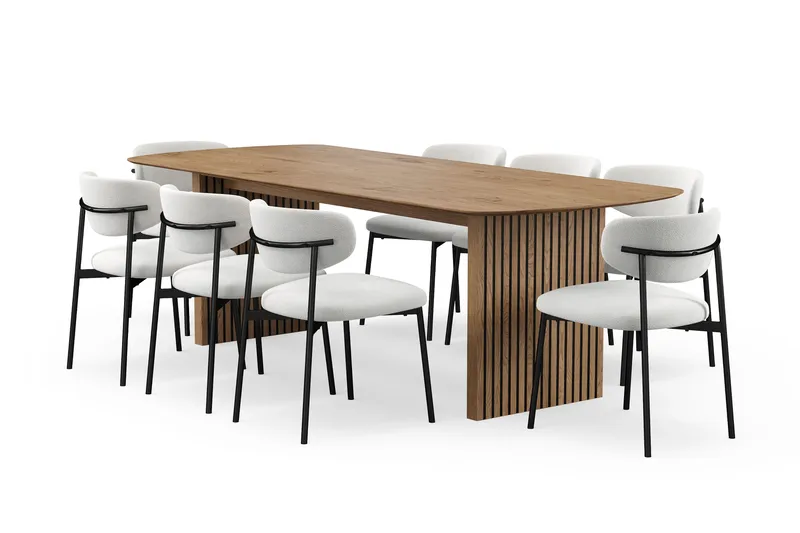 Richeto Ruokapöytä 240 cm 8 Lucy Ruokatuolilla, Luonnollinen viimeistely / Valkoinen Bouclé / Metallijalat Musta