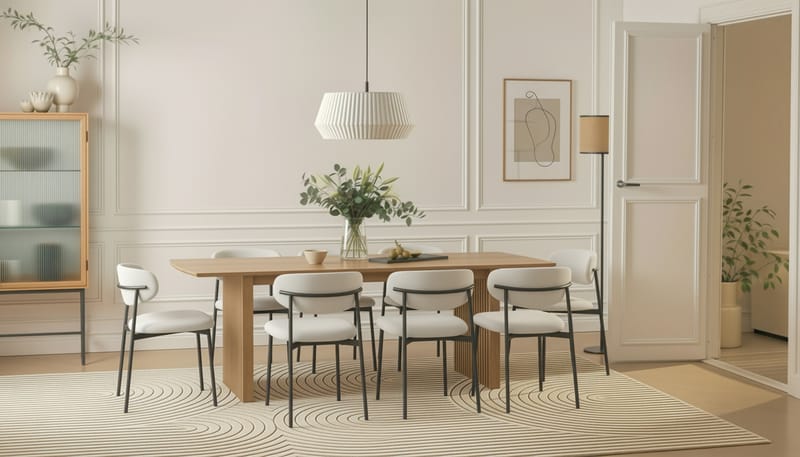 Richeto Ruokapöytä 240 cm 8 Lucy Ruokatuolilla - Luonnollinen viimeistely / Valkoinen Bouclé / Metallijalat Musta - Huonekalut - Pöytä & ruokailuryhmä - Ruokailuryhmä