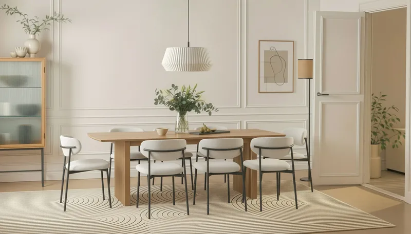 Richeto Ruokapöytä 240 cm 8 Lucy Ruokatuolilla - Luonnollinen viimeistely / Valkoinen Bouclé / Metallijalat Musta - Huonekalut - Pöytä & ruokailuryhmä - Ruokailuryhmä