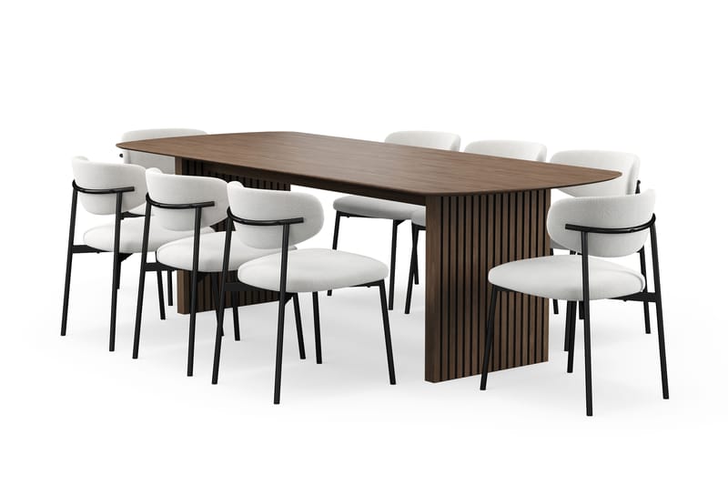 Richeto Ruokapöytä 240 cm 8 Lucy Ruokatuolilla, Savutammi / Valkoinen Bouclé