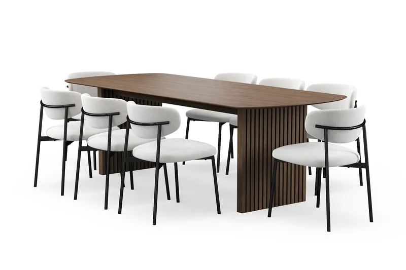 Richeto Ruokapöytä 240 cm 8 Lucy Ruokatuolilla, Savutammi / Valkoinen Bouclé