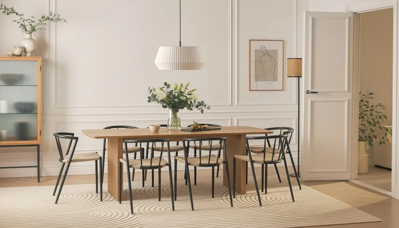 Richeto Ruokapöytä 240 cm 8 Winston Ruokatuolilla - Luonnollinen viimeistely / Beige / Metallijalat Musta - Huonekalut - Pöytä & ruokailuryhmä - Ruokailuryhmä