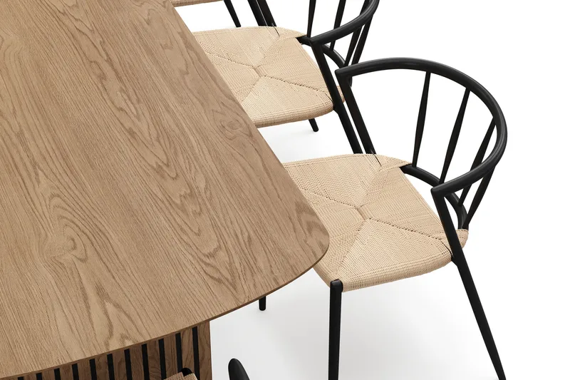 Richeto Ruokapöytä 240 cm 8 Winston Ruokatuolilla - Luonnollinen viimeistely / Beige / Metallijalat Musta - Huonekalut - Pöytä & ruokailuryhmä - Ruokailuryhmä