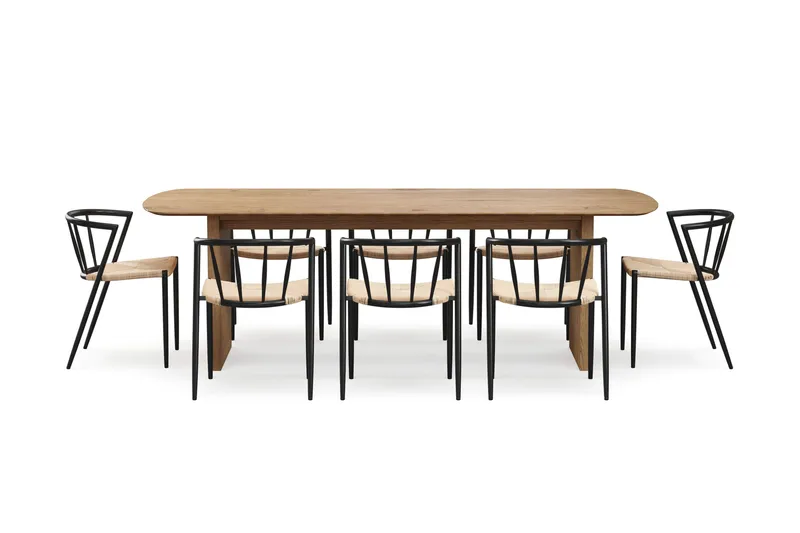 Richeto Ruokapöytä 240 cm 8 Winston Ruokatuolilla - Luonnollinen viimeistely / Beige / Metallijalat Musta - Huonekalut - Pöytä & ruokailuryhmä - Ruokailuryhmä