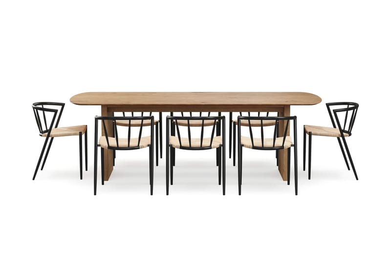 Richeto Ruokapöytä 240 cm 8 Winston Ruokatuolilla - Luonnollinen viimeistely / Beige / Metallijalat Musta - Huonekalut - Pöytä & ruokailuryhmä - Ruokailuryhmä