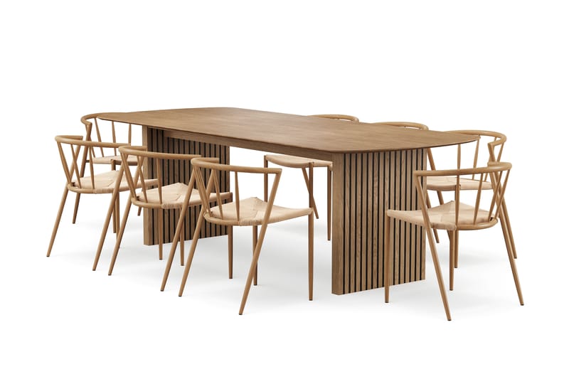 Richeto Ruokapöytä 240 cm 8 Winston Ruokatuolilla, Luonnollinen viimeistely / Beige / Metallijalat Tammi