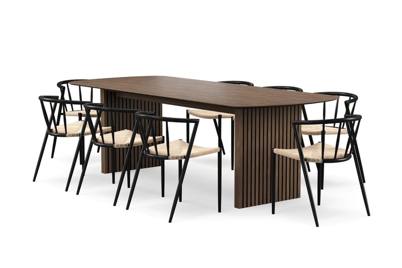 Richeto Ruokapöytä 240 cm 8 Winston Ruokatuolilla, Savutammi / Beige / Metallijalat Musta