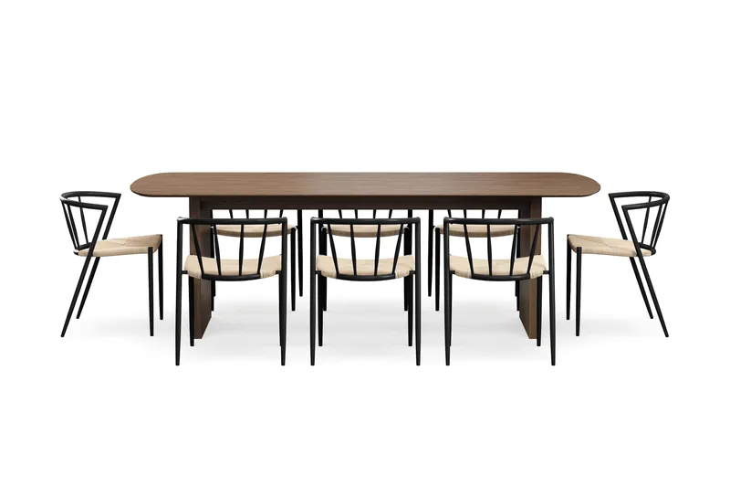 Richeto Ruokapöytä 240 cm 8 Winston Ruokatuolilla - Savutammi / Beige / Metallijalat Musta - Huonekalut - Pöytä & ruokailuryhmä - Ruokailuryhmä