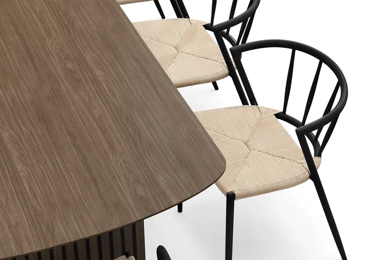 Richeto Ruokapöytä 240 cm 8 Winston Ruokatuolilla - Savutammi / Beige / Metallijalat Musta - Huonekalut - Pöytä & ruokailuryhmä - Ruokailuryhmä